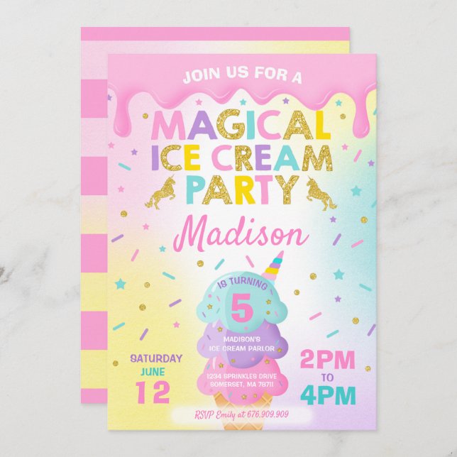 Eiskrem Einladung Unicorn Ice Cream Party (Vorne/Hinten)