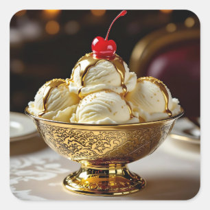 Eiskrem Sonntag mit Goldsirup-Leere Quadratischer Aufkleber