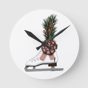 Eislauf-Weihnachtsdekoration mit Tartan-Schleife Runde Wanduhr