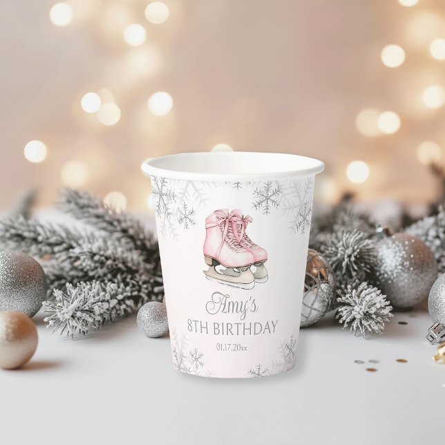 Eislaufen Rosa Silber Glitter Schneeflocke Geburts Pappbecher (Von Creator hochgeladen)