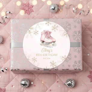 Eislaufen zum Geburtstag Pink Gold Glitter Schneef Runder Aufkleber