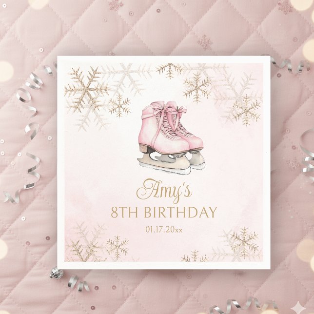 Eislaufendes Mädchen Geburtstag Rosa Schleife Gold Serviette (Von Creator hochgeladen)