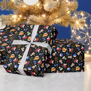 Eislaufschuhe Schneemann und Schlitten Personalisi Geschenkpapier
