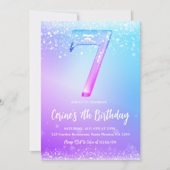 Eisnummer weiß glitzernd Mädchen 7. Geburtstag  Einladung (Vorderseite)