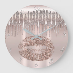 Eisrosa Roségold-Lippen Diamant Glitter Drip Große Wanduhr