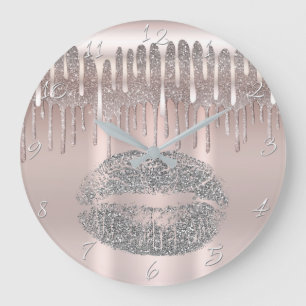 Eisrosa Roségold Silberne Lippen Glitter Drip Große Wanduhr