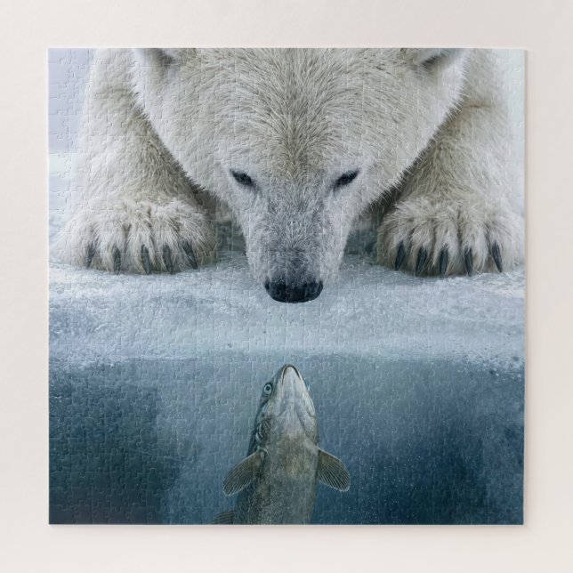 Eisstandoff zwischen Eisbär und Fisch  Puzzle (Vertikal)