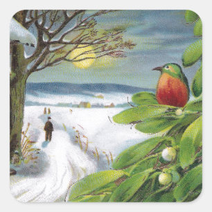 Eisvogel auf Mistelzweig-Vintagem neuem Jahr Quadratischer Aufkleber