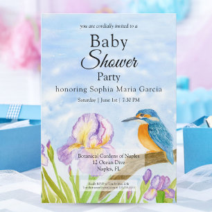 Eisvogel mit lila Schwertlilien Baby Shower Einladung