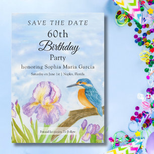 Eisvogel mit lila Schwertlilien-Party Save The Date