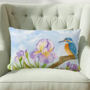 Eisvogel mit violetten Schwertlilien in Aquarell Lendenkissen