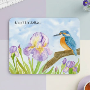 Eisvogel mit violetten Schwertlilien in Aquarell  Mousepad