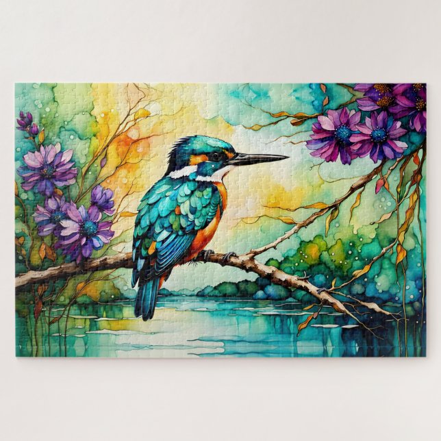 Eisvogel über dem Wasser thronend Wilde Blumen  Puzzle (Horizontal)