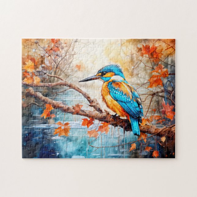 Eisvogel über Teich im malerischen Stil Puzzle (Horizontal)