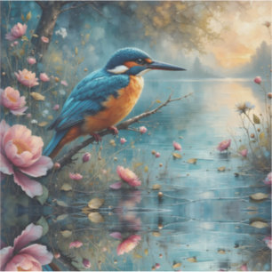 Eisvogel über Wasser mit rosa Blumen sitzend Aufkleber