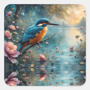 Eisvogel über Wasser mit rosa Blumen sitzend Quadratischer Aufkleber