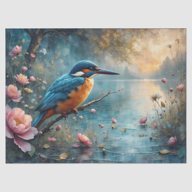 Eisvogel über Wasser mit rosa Blumen sitzend Seidenpapier (Vorderseite)