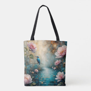 Eisvogel über Wasser und Rosen