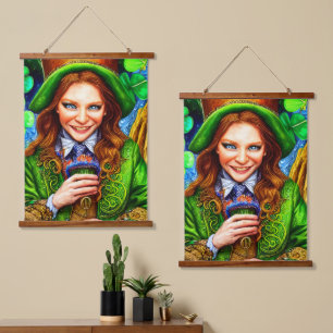 Ekstatisch Grüne Frau Leprechaun Inspiriert Artwor Wandteppich Mit Holzrahmen