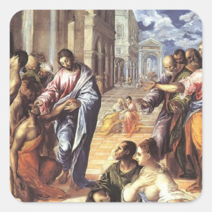 El Greco - Christus heilt das blinde Quadratischer Aufkleber