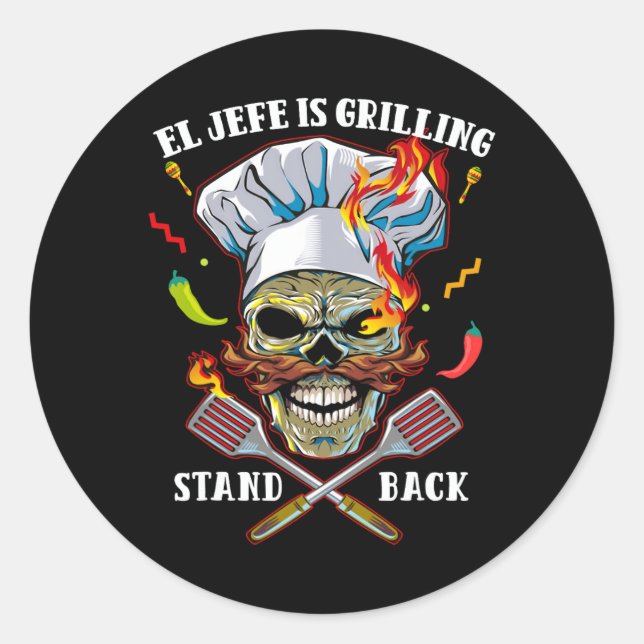 El Jefe grillt Stand CK Funny Skull Grillen Mexiko Runder Aufkleber (Vorderseite)