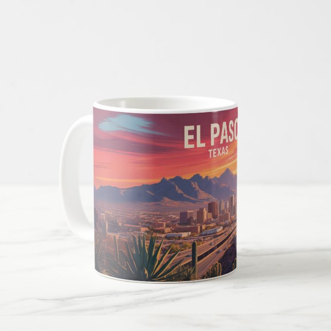 El Paso Texas Mug: Retro Desert Sunset Cityscape Kaffeetasse (Vorderseite Links)