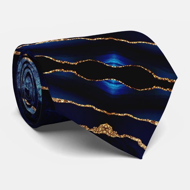 Elagant Neck Tie Agate Navy Blue Gold Marmor Krawatte (Gerollt)