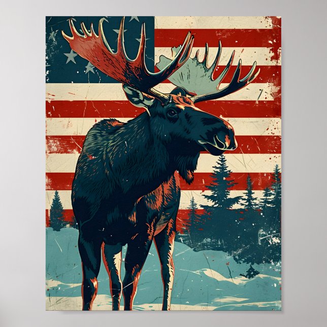 Elch-Amerikanische Flagge Vintage Poster (Vorne)