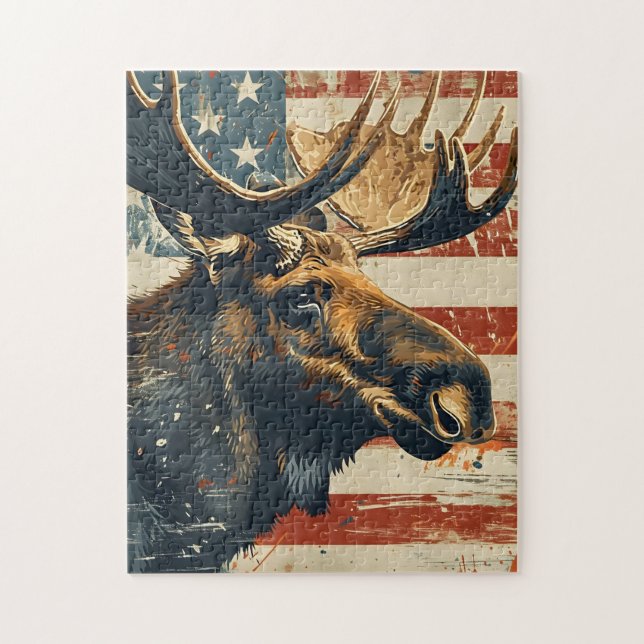 Elch-Amerikanische Flagge Vintage Puzzle (Vertikal)