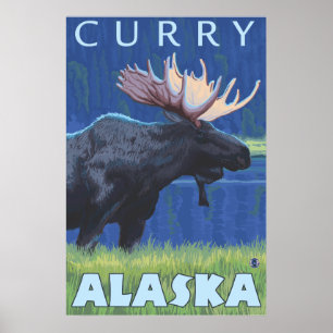 Elch bei Nacht - Curry, Alaska Poster