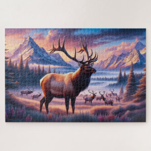 Elch bei Sonnenaufgang, Berge, Wildnis Puzzle