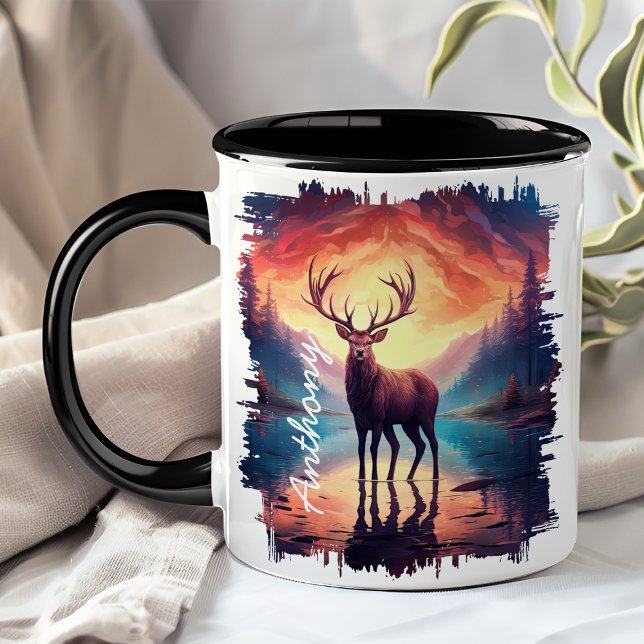 Elch bei Sunset Mountain Lake Reflection Tasse (Von Creator hochgeladen)