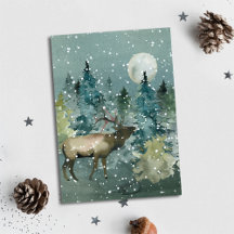 Elch im Wald Vollmond Schneefall Wasserfarbe