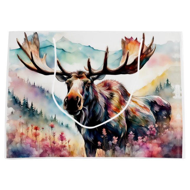 Elch in Aquarell-Wildblumen Große Geschenktüte (Vorderseite)