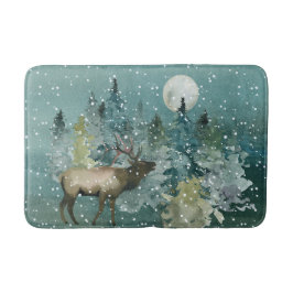 Elch in Forest Full Moon Snowfall Wasserfarbe Badematte