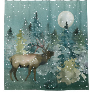 Elch in Forest Full Moon Snowfall Wasserfarbe Duschvorhang
