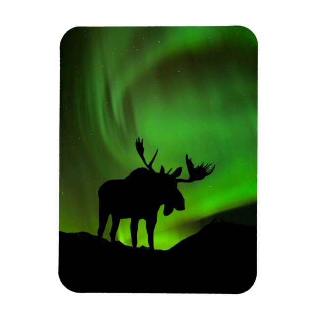 Elch mit grüner Aurora Borealis, Alaska Magnet (Vertikal)