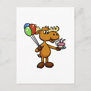 Elch mit Luftballon und Kuchen   Rückseitenfarbe w Postkarte