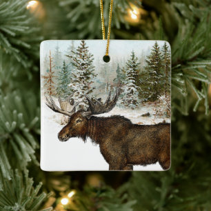 Elch Schnee Wald Natur Winter Urlaub Vintage Keramikornament