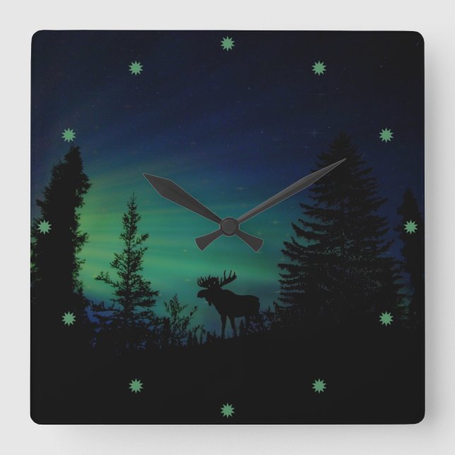 Elch-Silhouette im Twilght Quadratische Wanduhr (Vorderseite)
