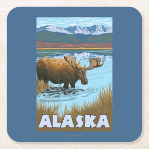 Elch-Trinkwasser-Vintages Reise-Plakat Rechteckiger Pappuntersetzer
