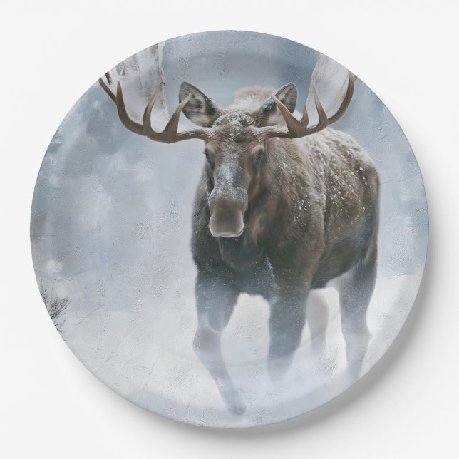 Elchbulle durchquert borealen Schnee Pappteller (Vorderseite)