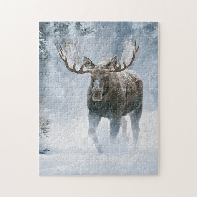 Elchbulle durchquert borealen Schnee Puzzle (Vertikal)