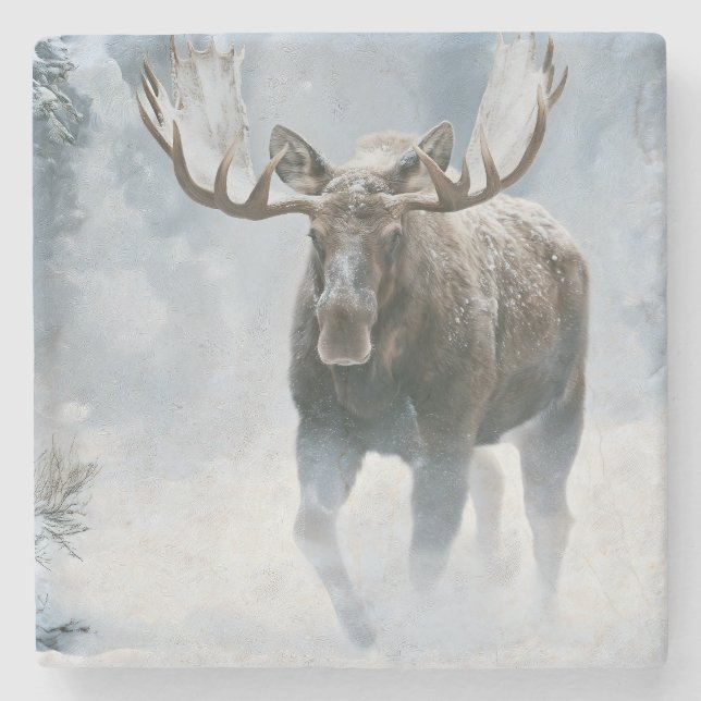 Elchbulle durchquert borealen Schnee Steinuntersetzer (Vorderseite)