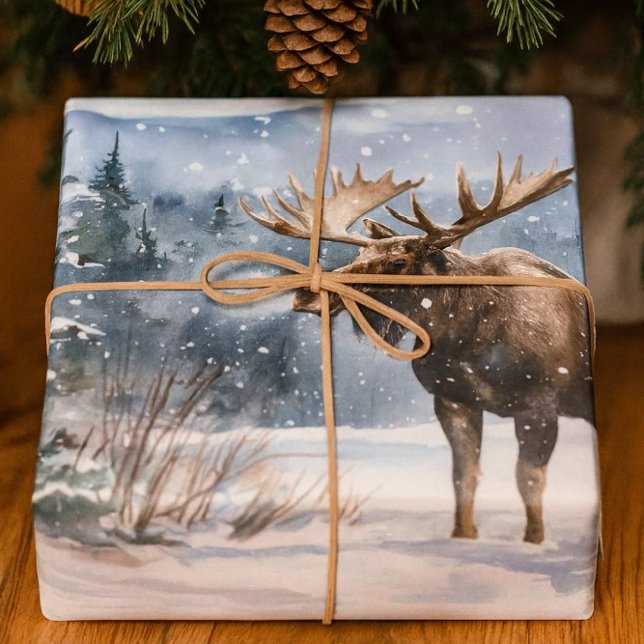 Elchbulle im Winternschnee Natur  Geschenkpapier Set (Rustic wildlife-themed moose in the snow wrapping paper, ideal for men.)