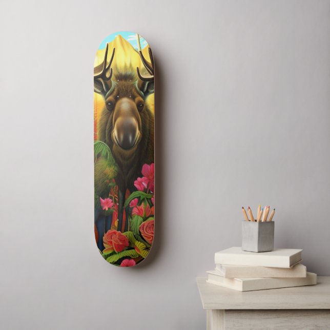 Elche im Wald mit Blume Kunst Kunst KI Skateboard (Wandkunst)