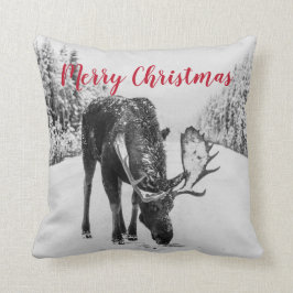 Elche im Winter auf der schneebedeckten Straße Wei Kissen