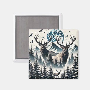 Elche in einem Mystischen Wald unter einem Mondlic Magnet