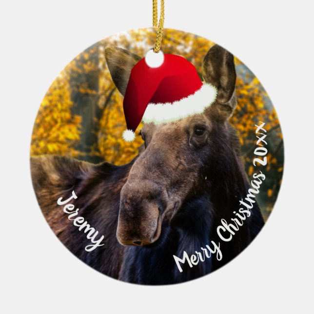 Elche in Weihnachtsmannmütze Keramik Ornament (Vorne)
