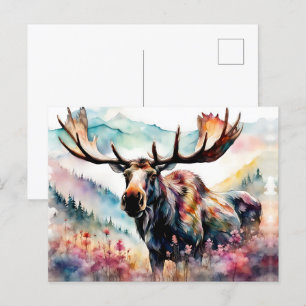 Elche in Wildblumen Aquarell Feiertagspostkarte